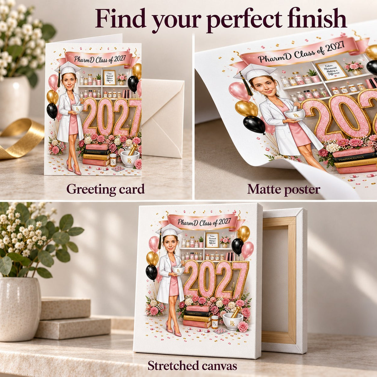 Close-ups of greeting card, matte poster, and stretched canvas textures and edges.