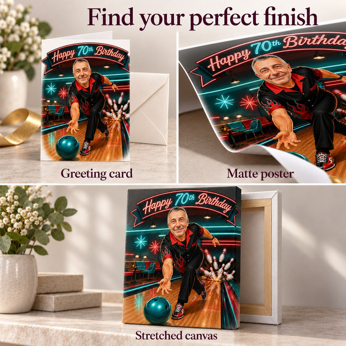 Closeups of greeting card, matte poster, and stretched canvas finishes for bowling caricature.