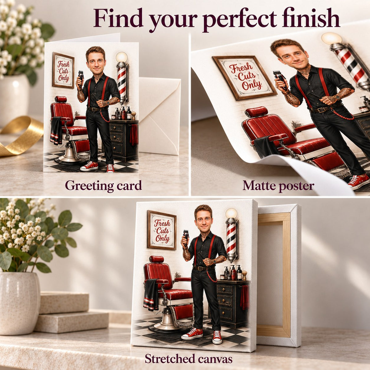 Closeups of greeting card, matte poster and stretched canvas finishes