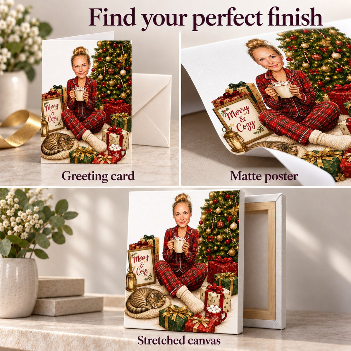 Greeting card, matte poster, and stretched canvas finishes shown together on table.