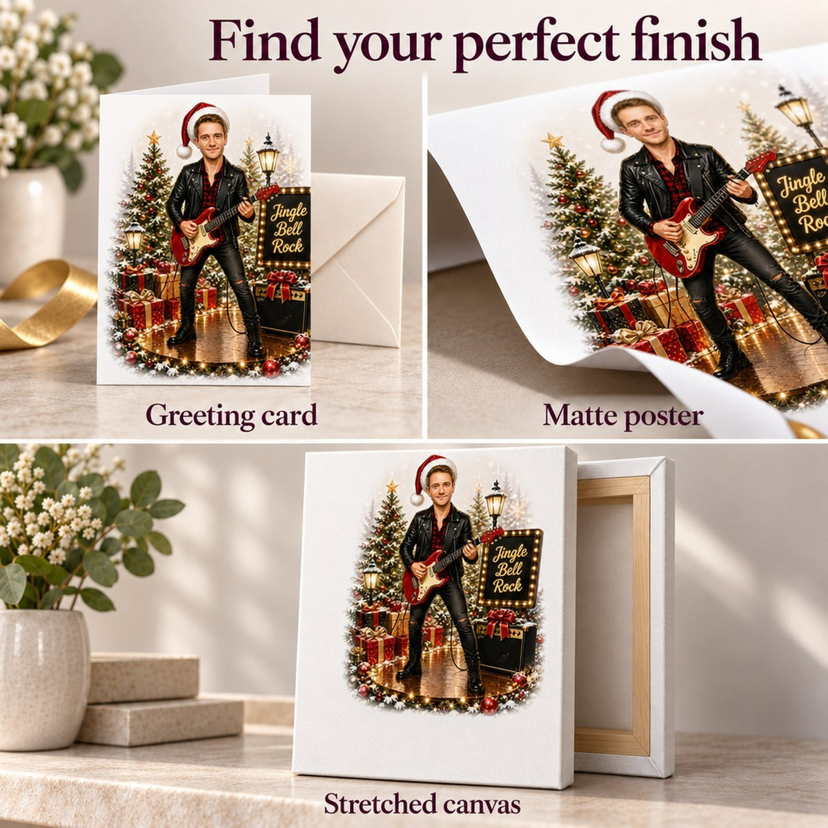 Close-up of 5x7 greeting card, matte poster, and stretched canvas print surface.