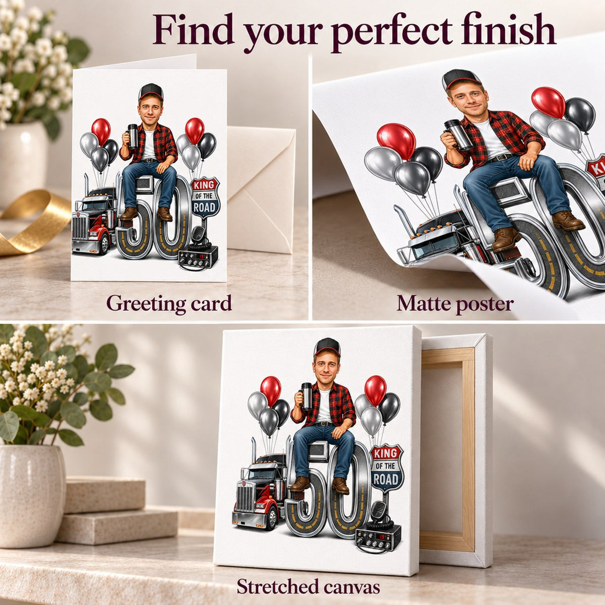Matte poster, greeting card with envelope, and stretched canvas finish details.