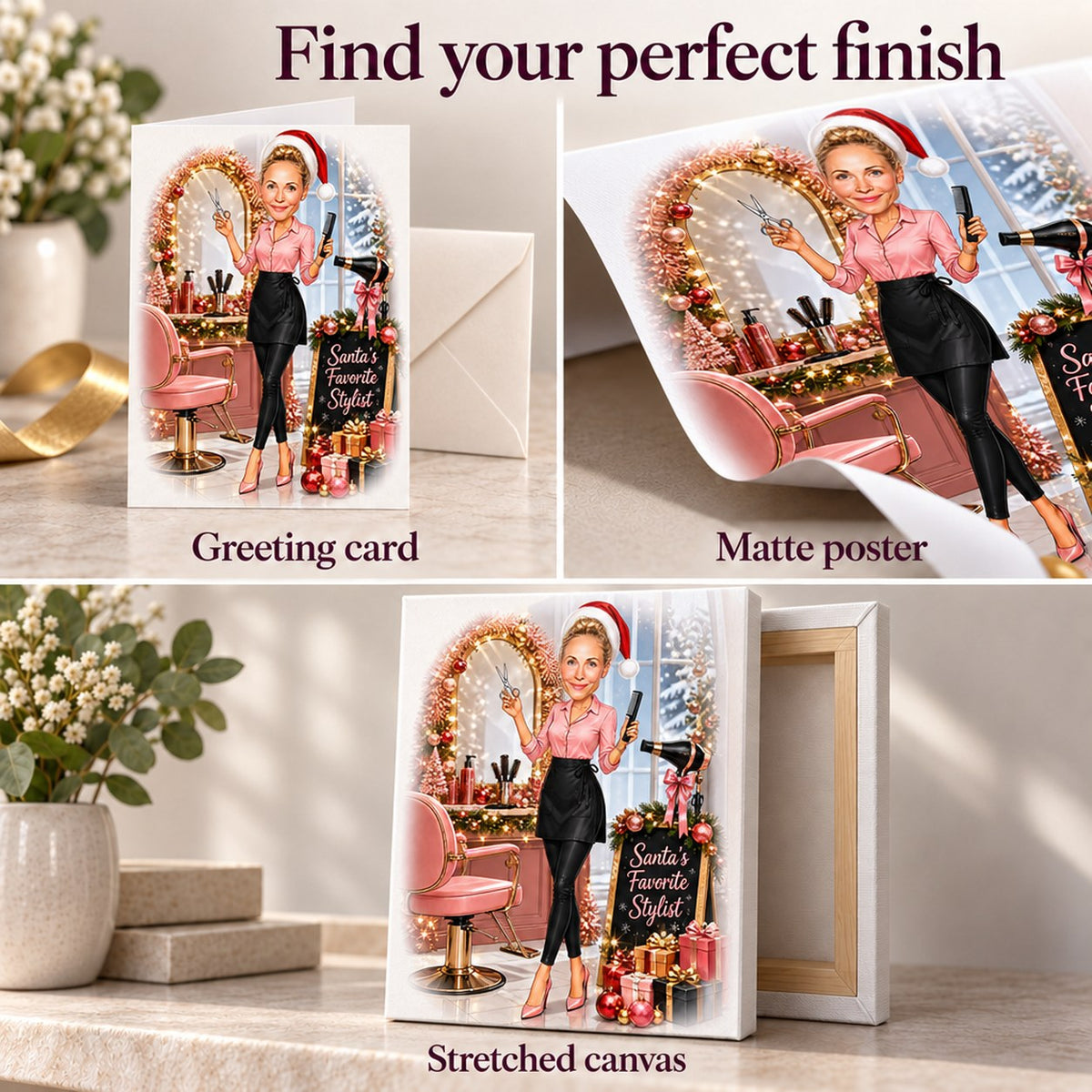 Matte poster texture, stretched canvas surface, and folded 5x7 greeting card finishes.