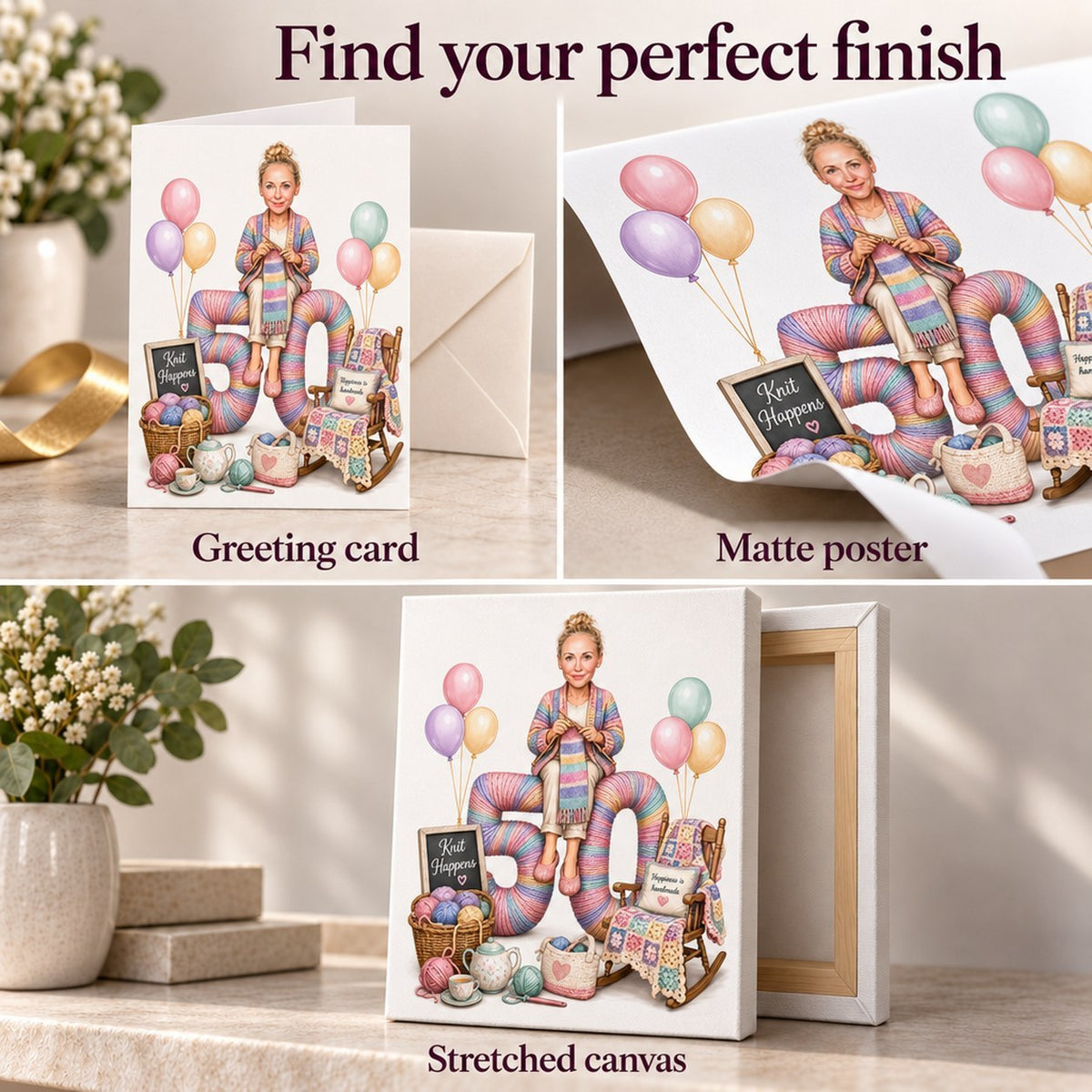 Greeting card, matte posters, and stretched canvas close-up finishes and textures.