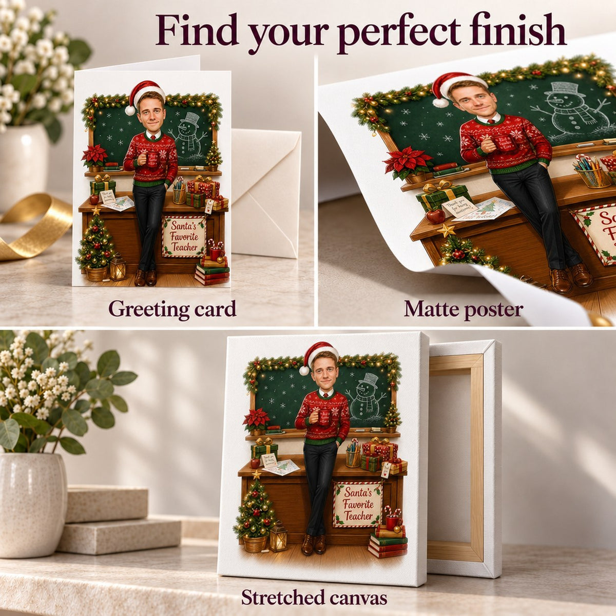 Close-up of greeting card, matte poster, and stretched canvas print finishes side by side.