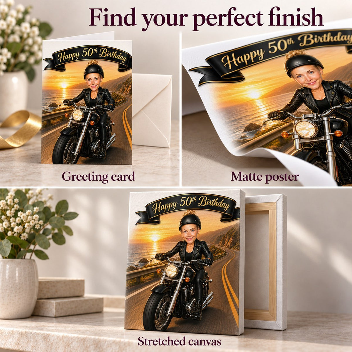 Closeups of greeting card, matte poster, and stretched canvas motorcycle caricature finishes