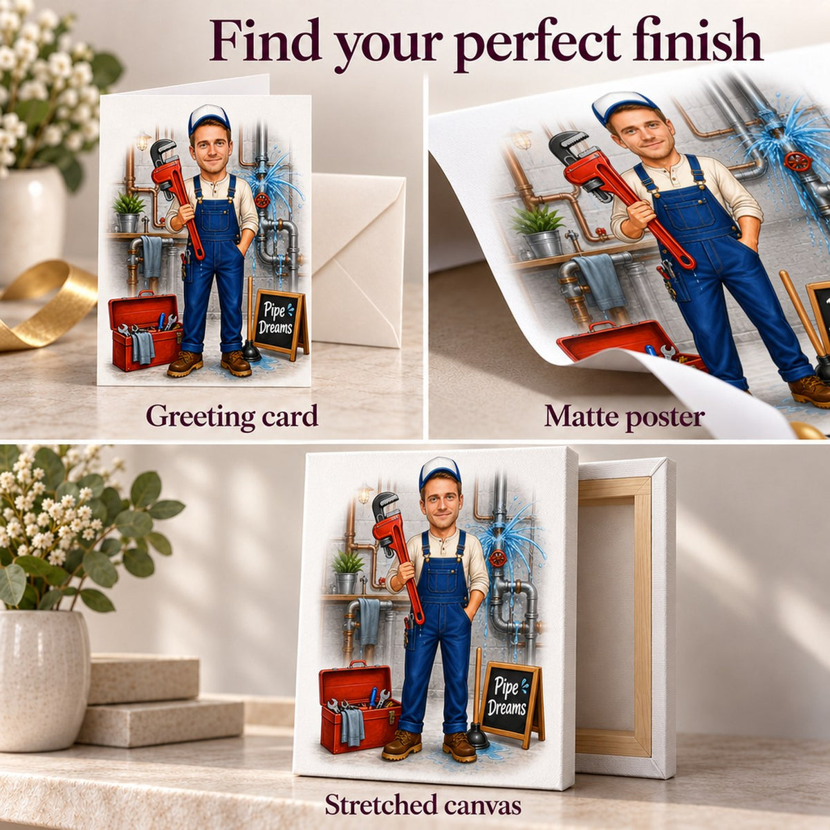 Greeting card with envelope, matte poster unframed, stretched canvas ready to hang.