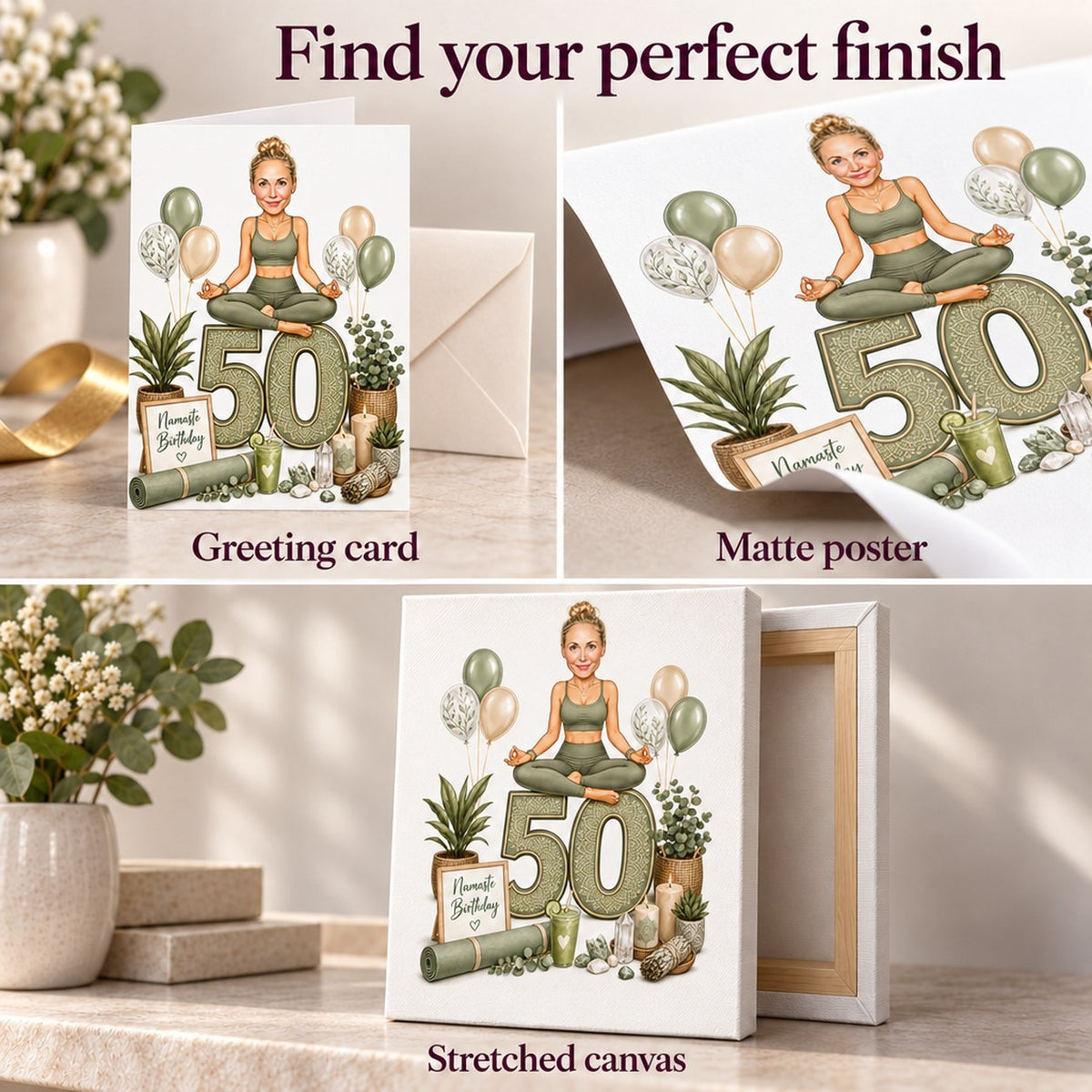 Closeups of greeting card, matte poster, and stretched canvas print surfaces and edges.