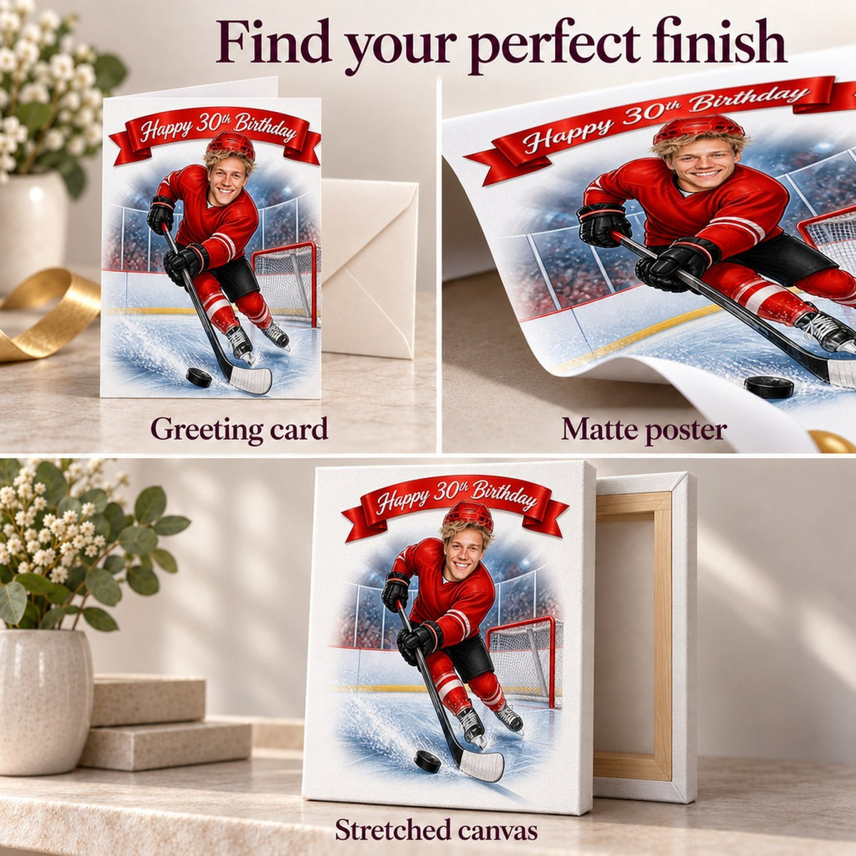 Closeups of card, matte poster, and stretched canvas textured finishes