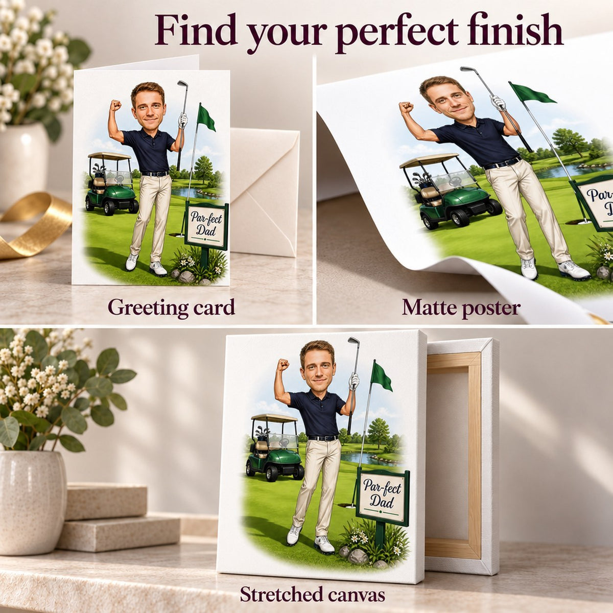 Greeting card, matte poster, and stretched canvas finishes of the personalized golf caricature.