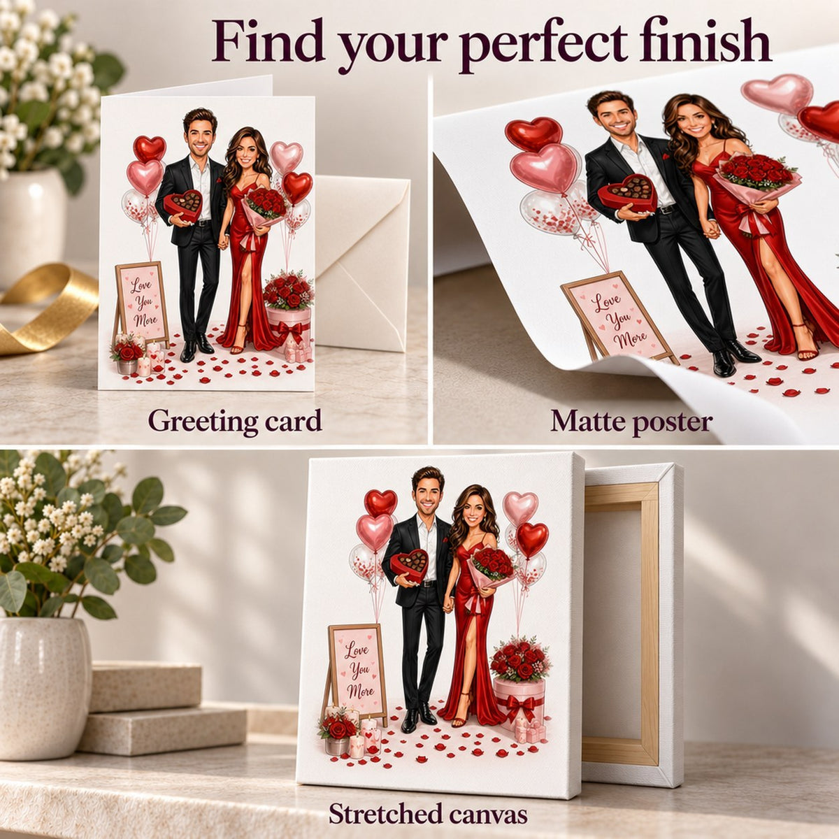 Greeting card, matte poster, and stretched canvas finish options shown together.