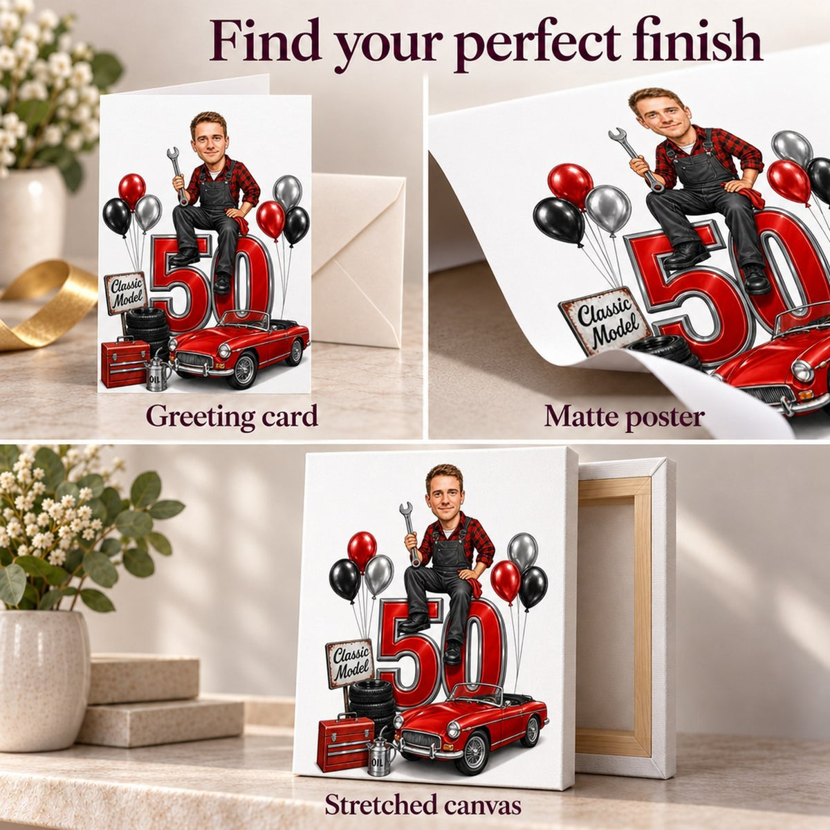 Greeting card, matte poster, and stretched canvas finishes with crisp printing details.
