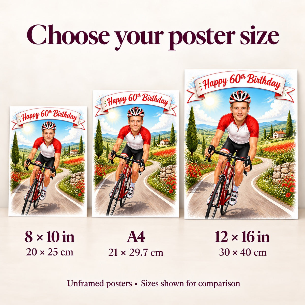 8x10, A4, and 12x16 poster sizes compared for scale beside helmet.