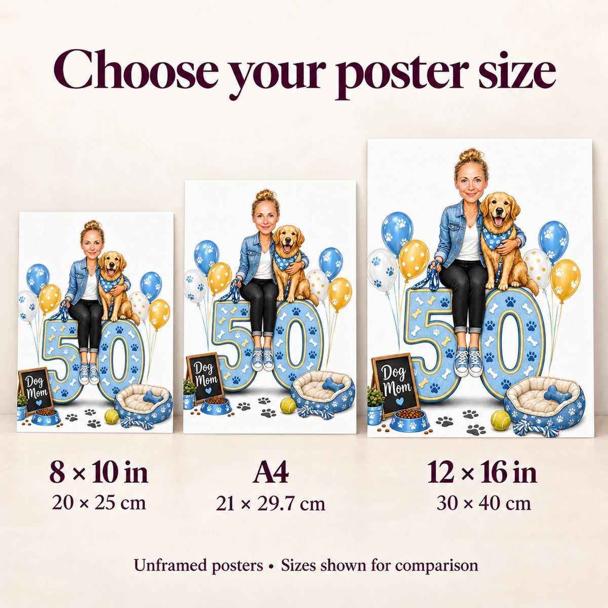 Poster size comparison 8x10, A4, and 12x16 inches held in hands.