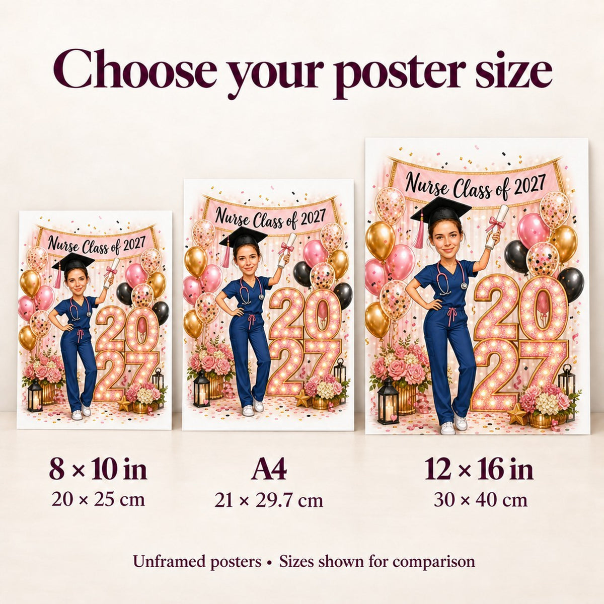 Poster size comparison showing 8x10, A4, and 12x16 inches against a wall.