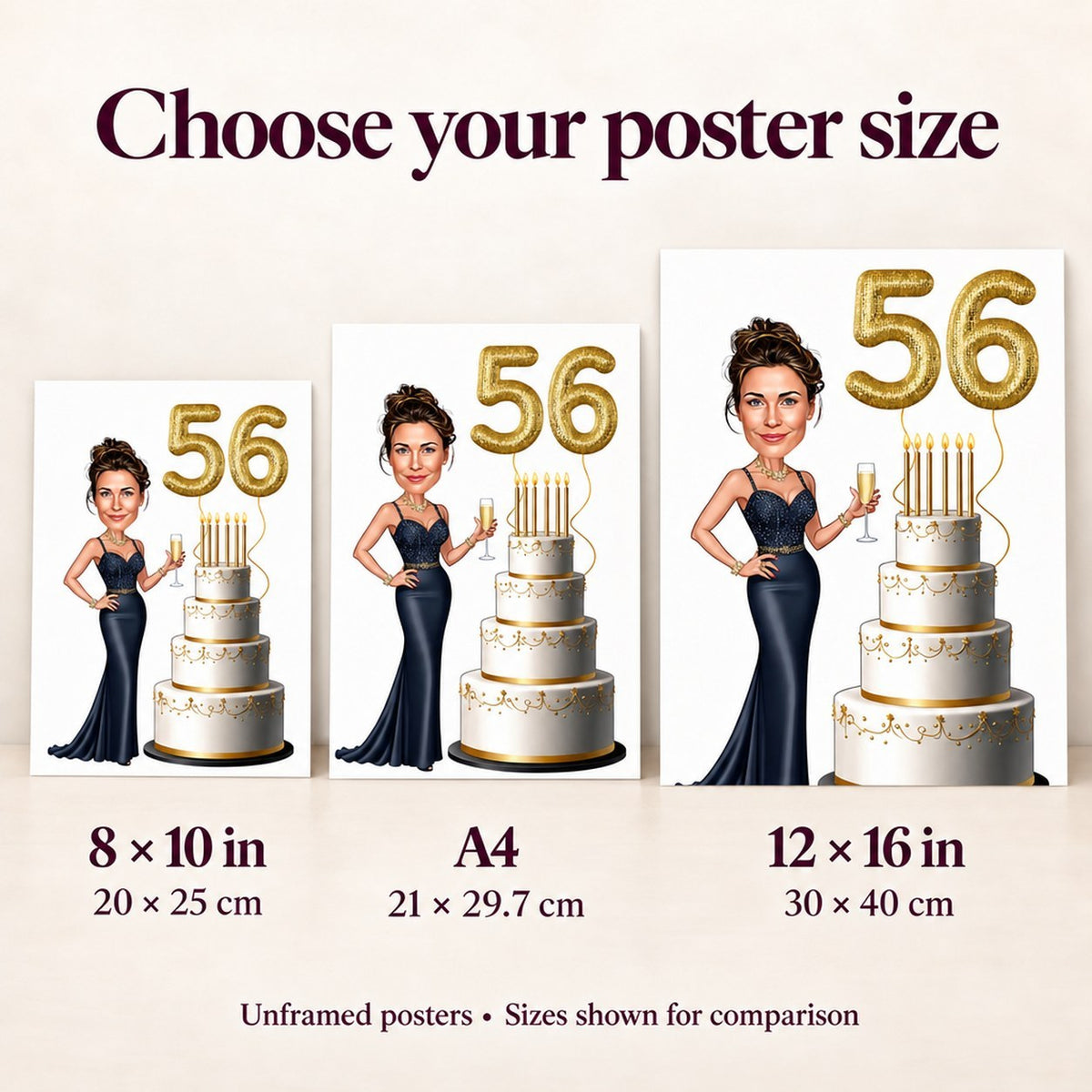 Poster sizes 8x10, A4, and 12x16 compared side by side for scale.