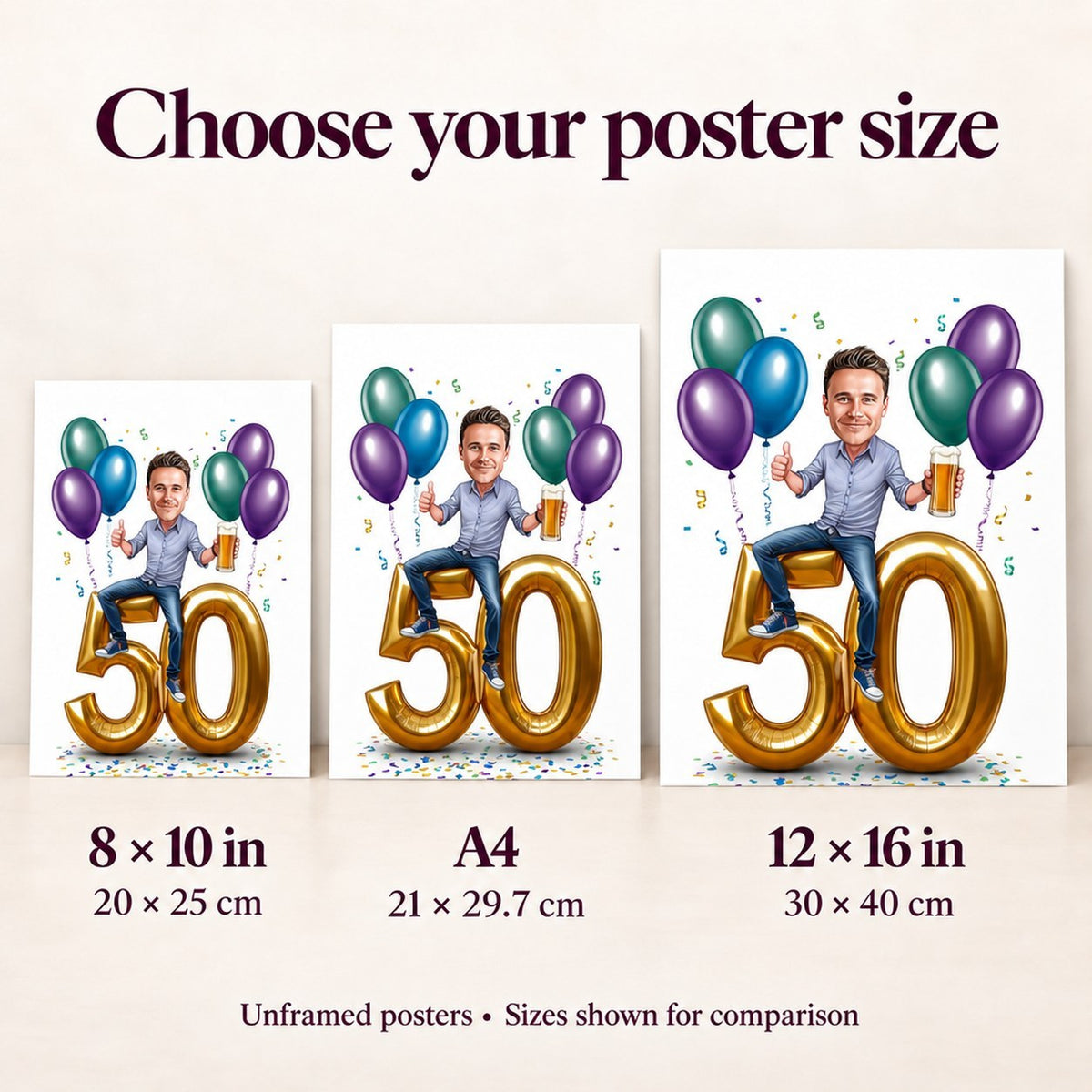 Poster size comparison showing 8x10, A4, and 12x16 next to a person