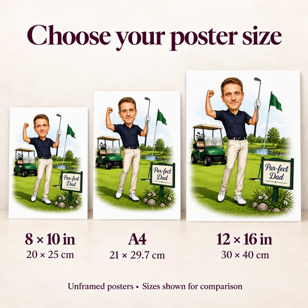 Poster size comparison showing 8x10, A4, and 12x16 golf caricature prints on a wall.