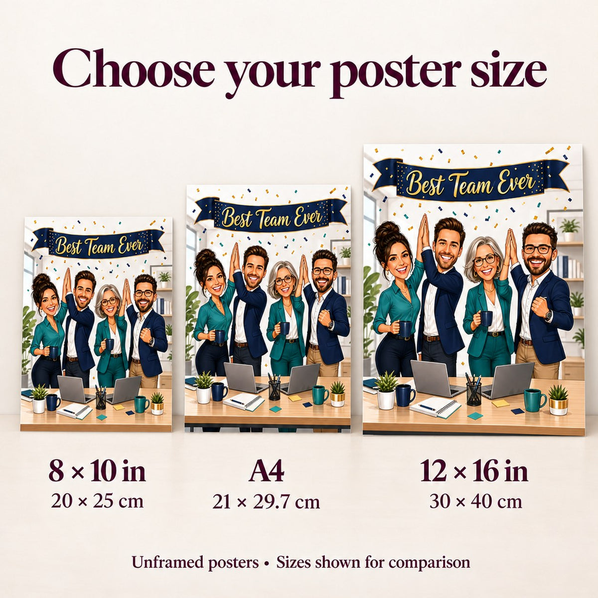 Poster size comparison showing 8x10, A4, and 12x16 prints held beside desk chair.
