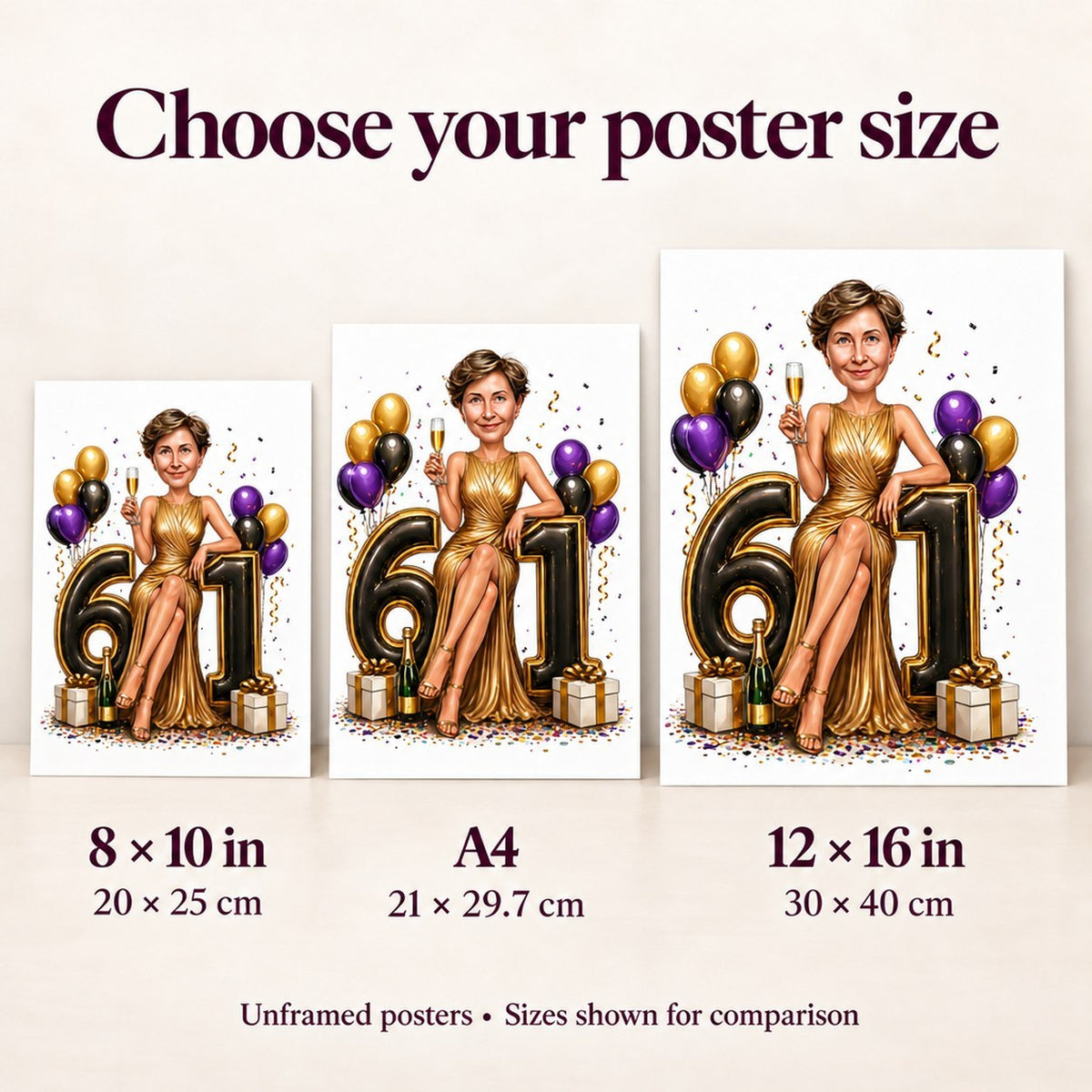 Poster sizes 8x10, A4, and 12x16 compared to hands and wall.