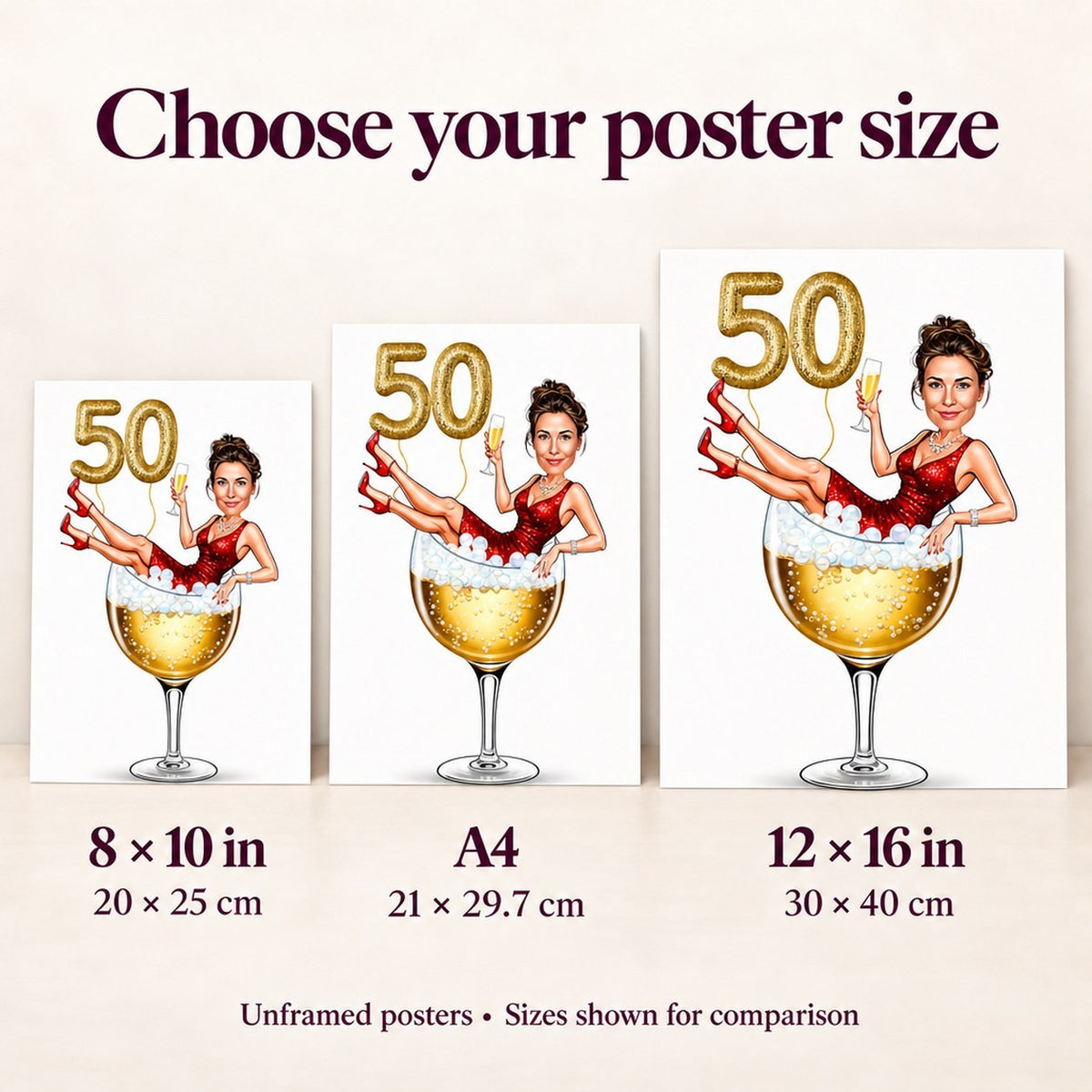 Poster size comparison showing 8x10, A4, and 12x16 prints held by hands.