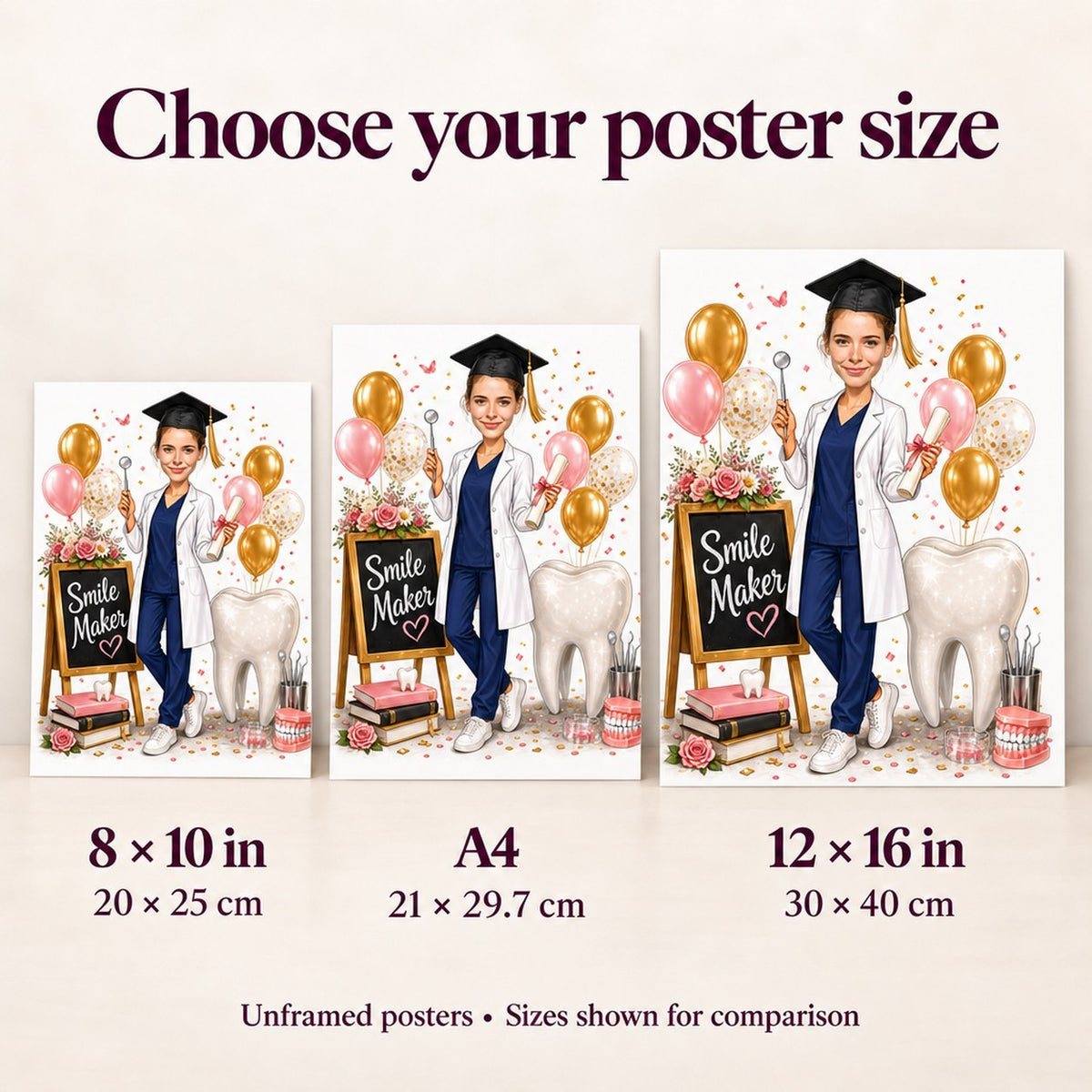 Poster sizes 8x10, A4, and 12x16 compared on wall beside frame for scale.