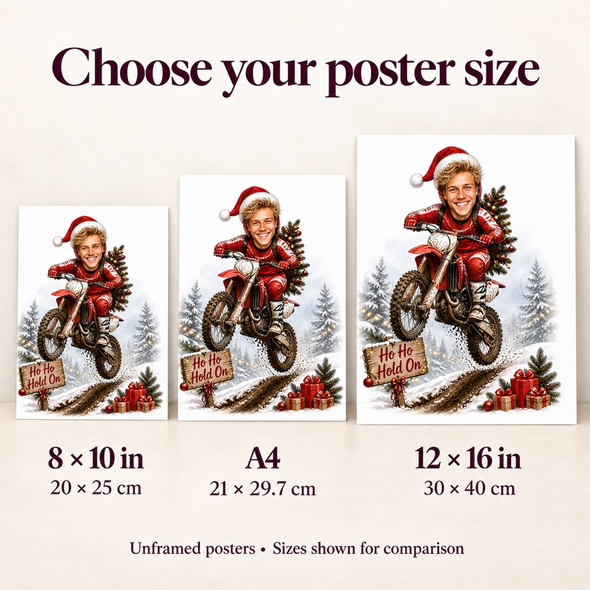 Poster size comparison showing 8x10, A4, and 12x16 unframed prints on wall.