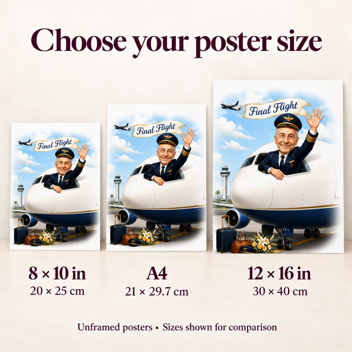 Poster sizes 8x10, A4, and 12x16 shown together for clear size comparison.