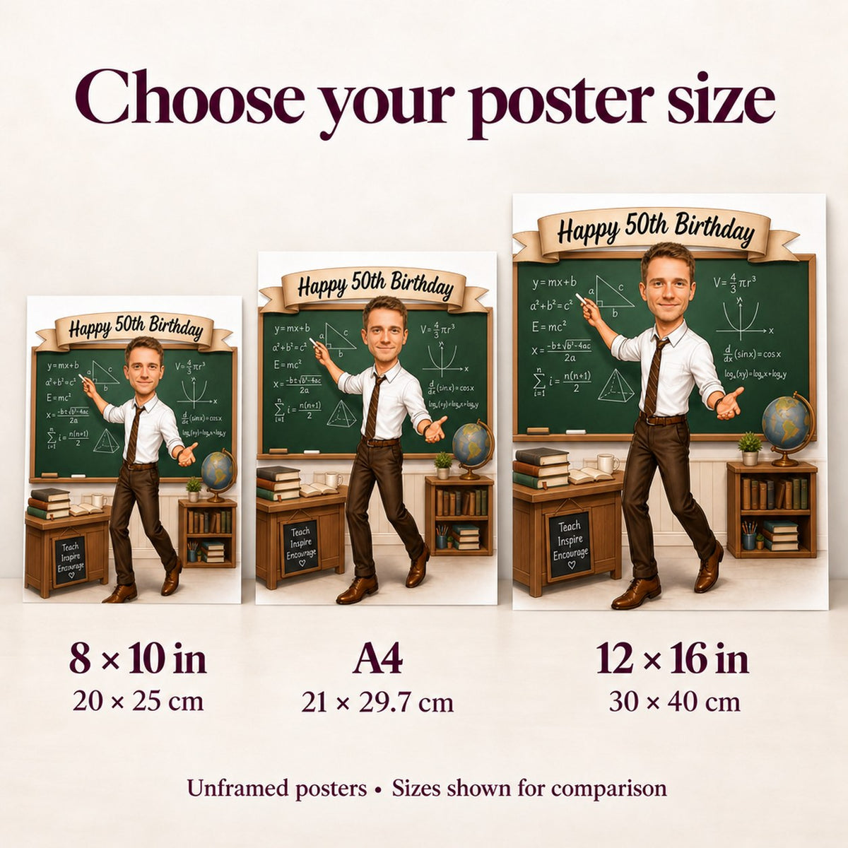 Poster size comparison of 8x10, A4, and 12x16 teacher design on wall