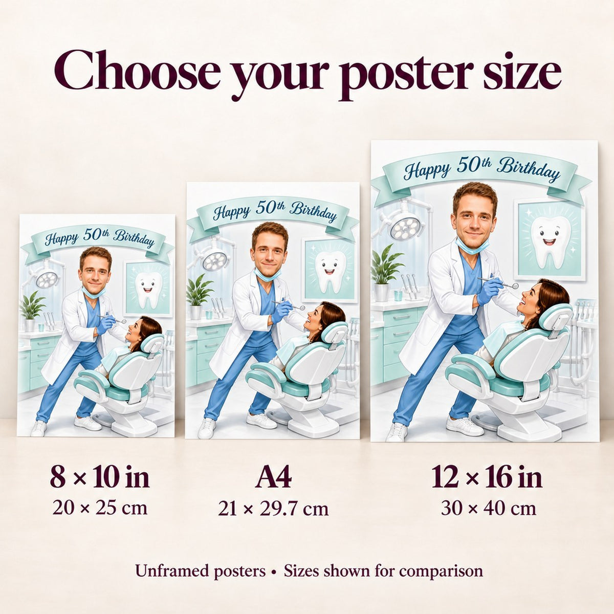 Poster size comparison for 8x10, A4, and 12x16 dentist caricature prints.