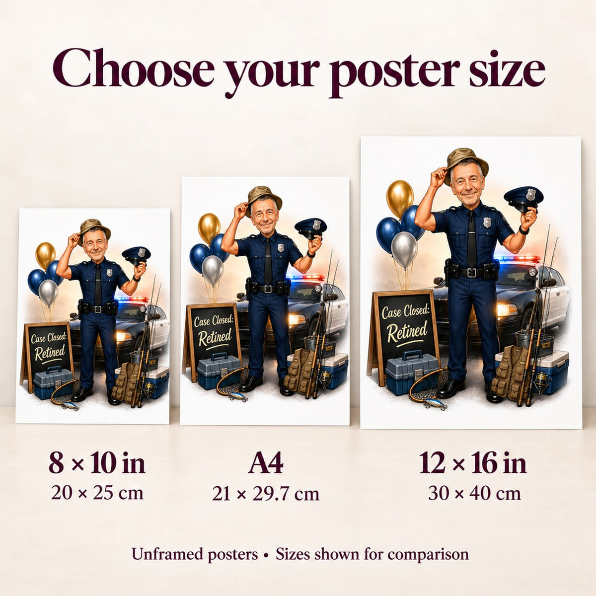 Poster size comparison: 8x10, A4, and 12x16 inches beside a frame