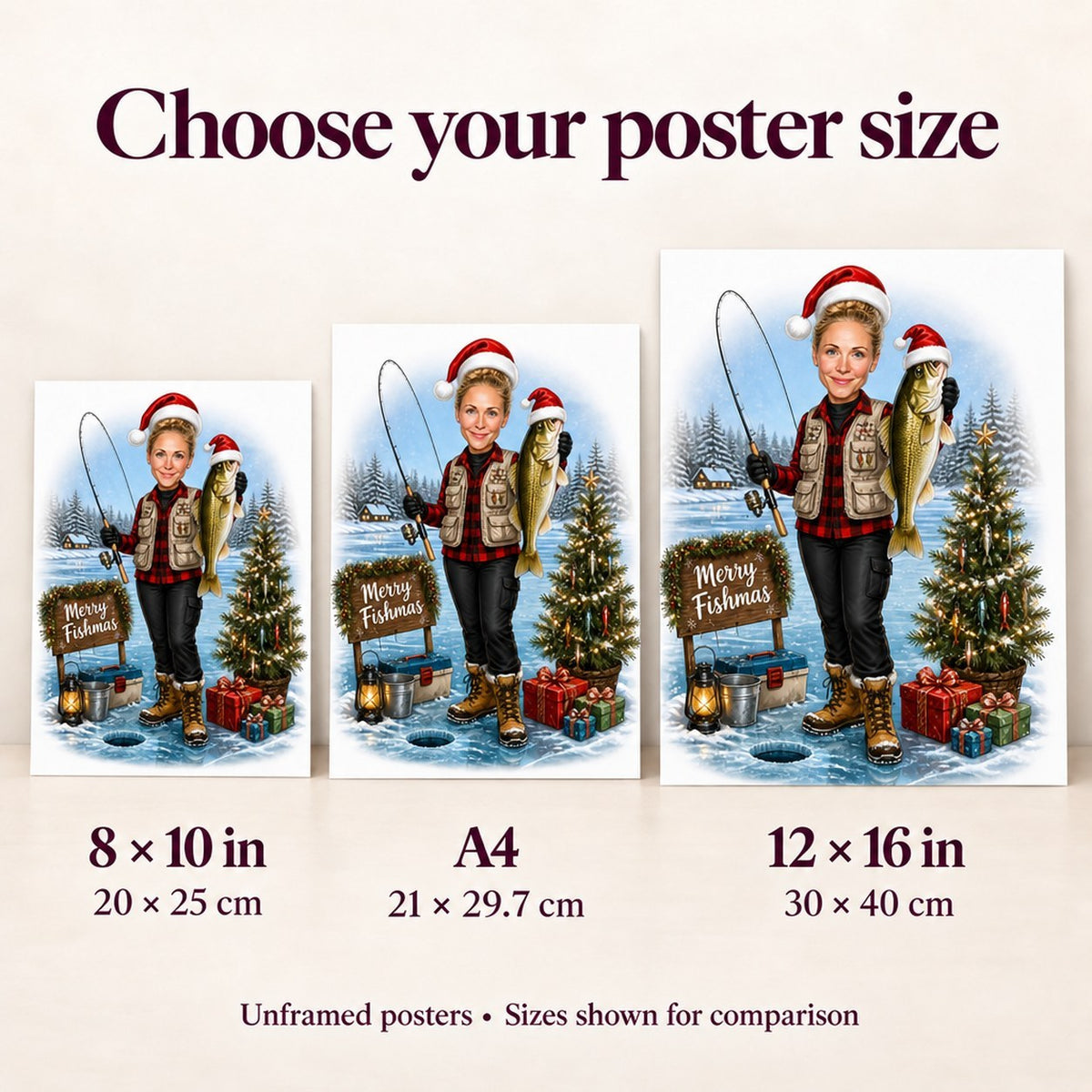 Compare 8x10, A4, and 12x16 poster sizes for the fishing Christmas caricature.