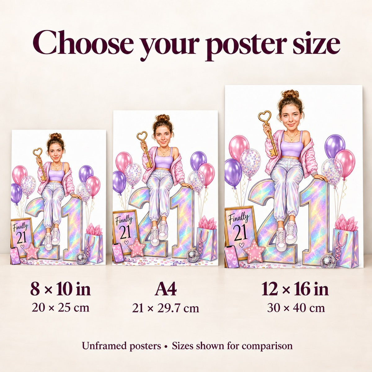 Poster size comparison of 8x10 inch, A4, and 12x16 inch prints on wall.