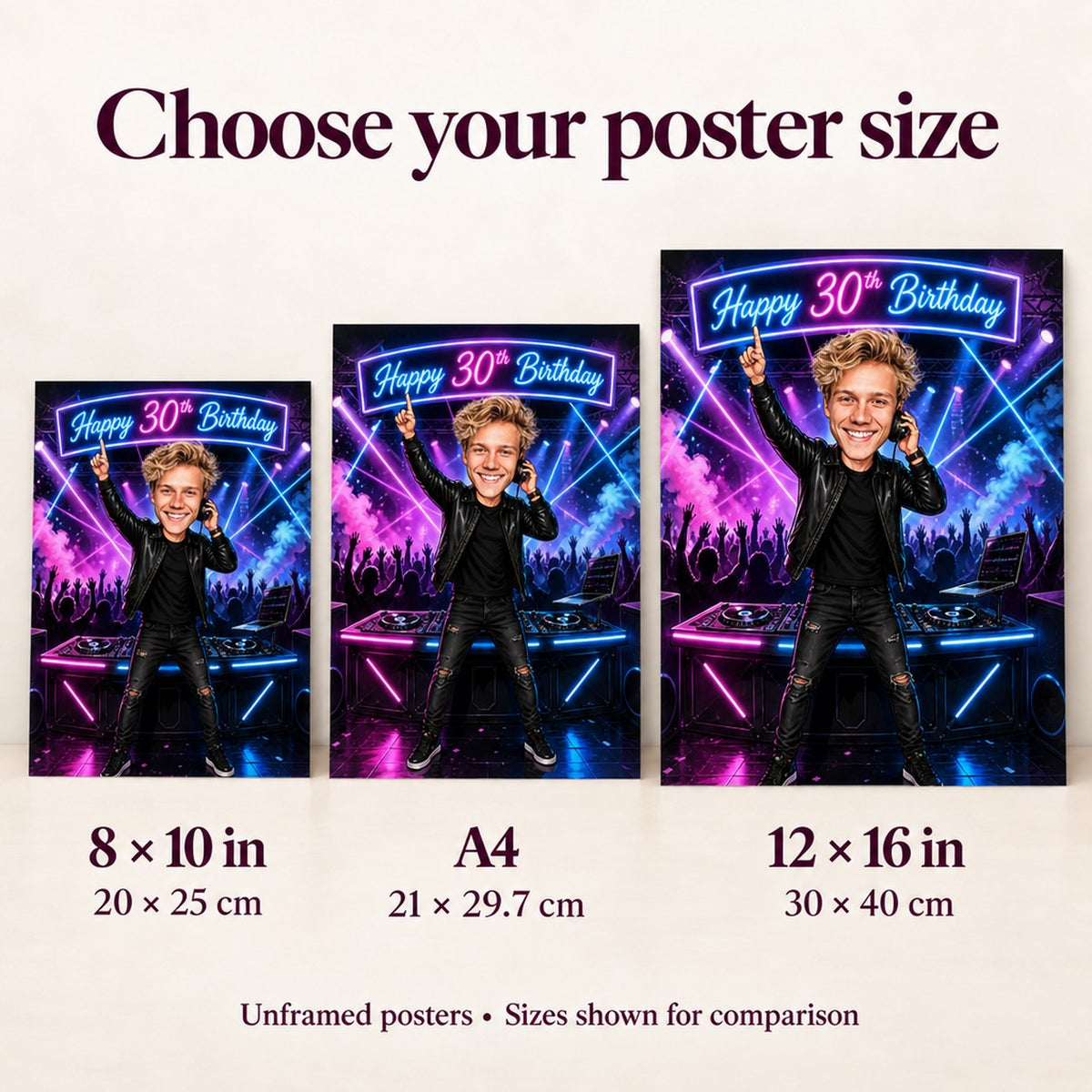 Poster sizes 8x10, A4 and 12x16 inches shown side by side for scale.