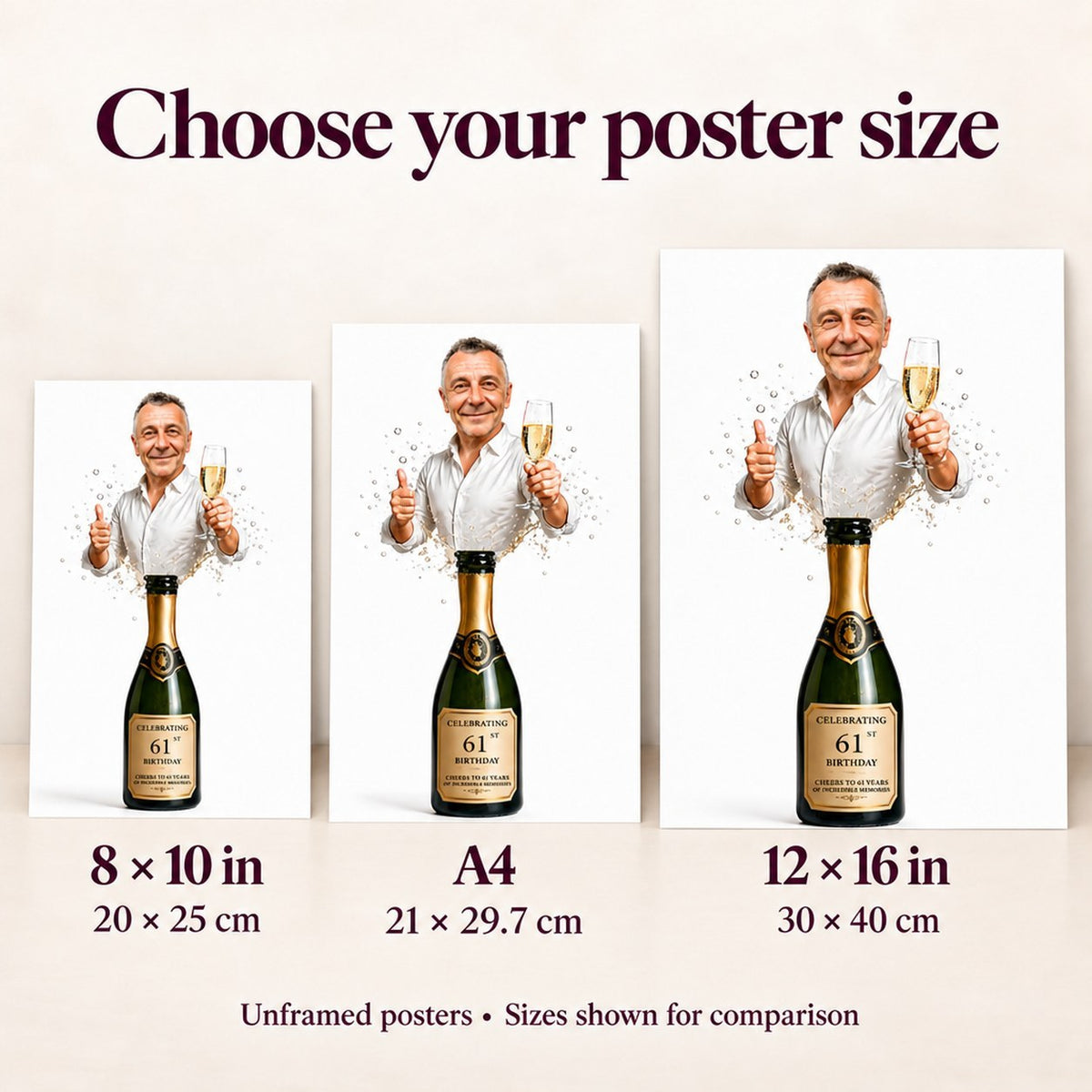 Matte posters 8x10, A4 and 12x16 inches shown side by side for scale