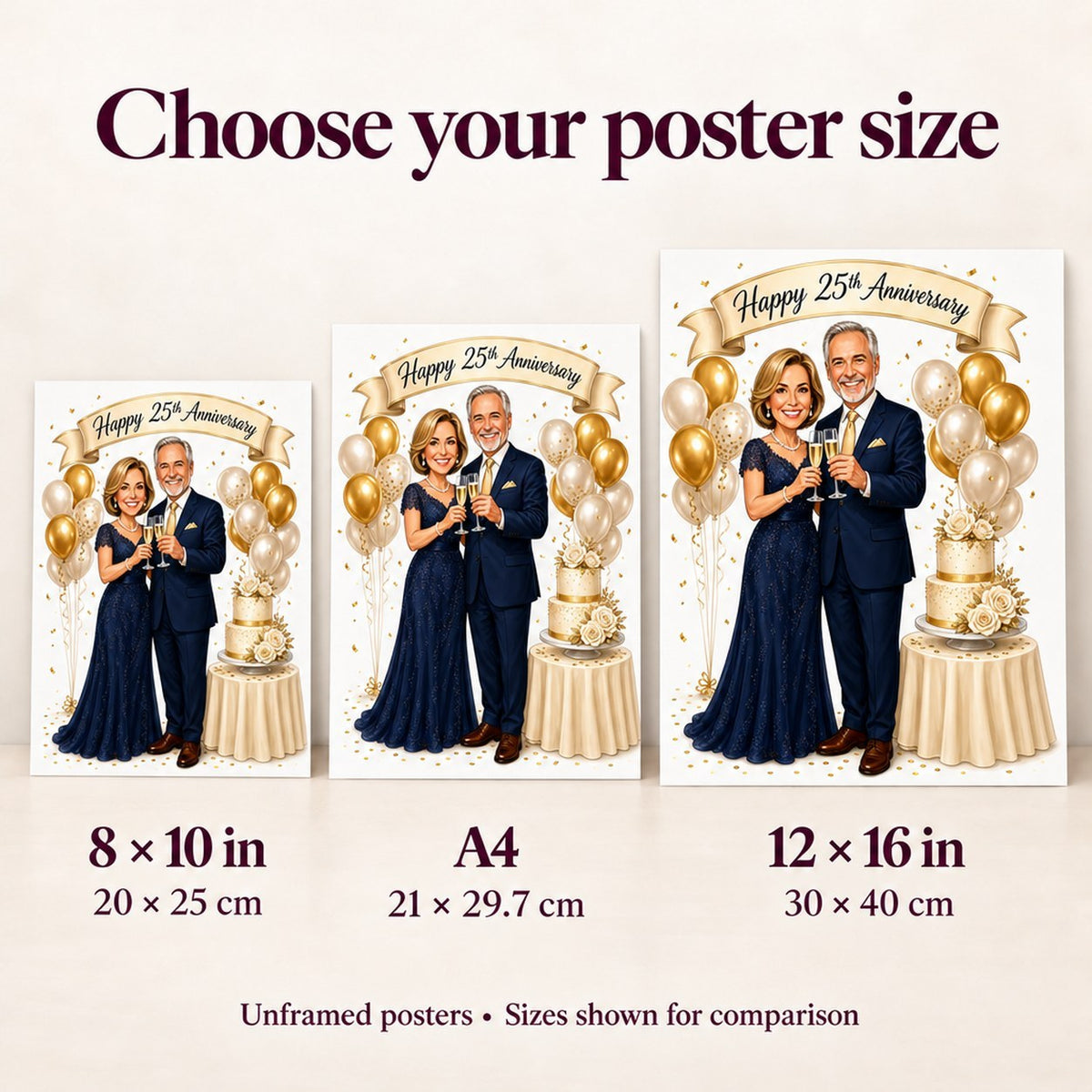 Poster size comparison: 8x10, A4, and 12x16 inches shown on wall and in hands.