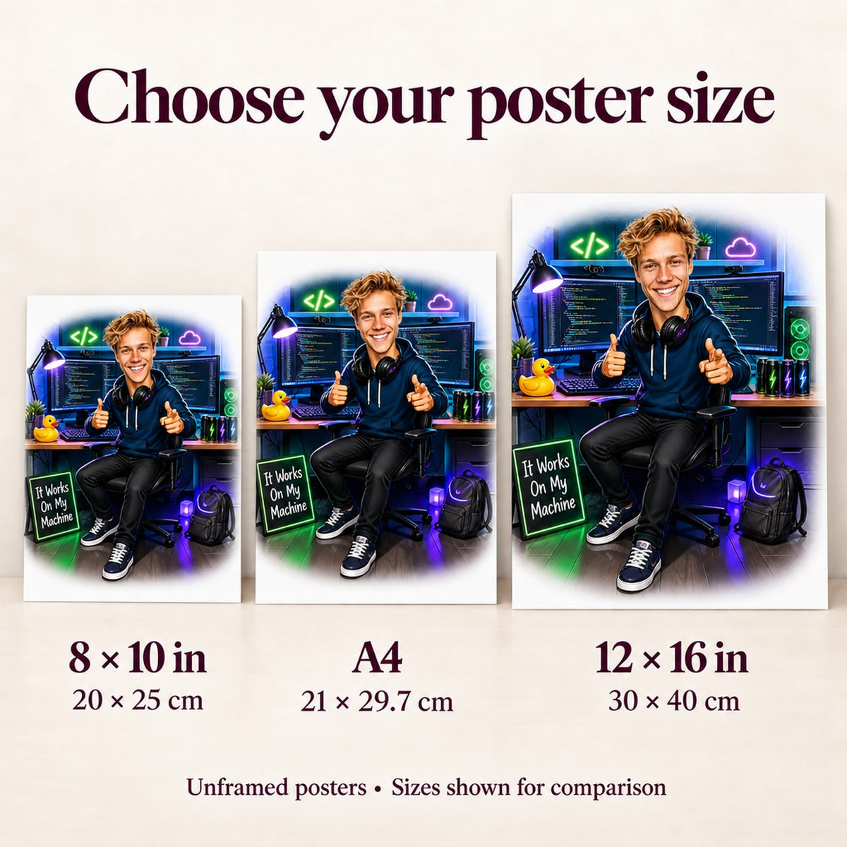 Poster size comparison showing 8x10, A4, and 12x16 options on wall.