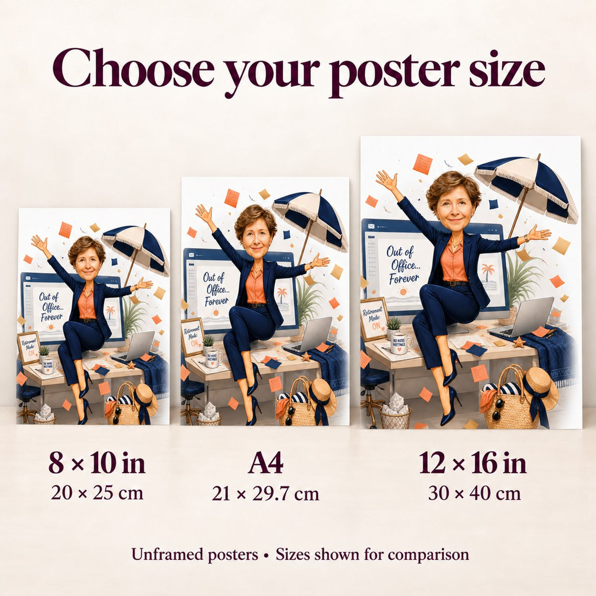 Matte posters in 8x10, A4, and 12x16 inches shown for size comparison