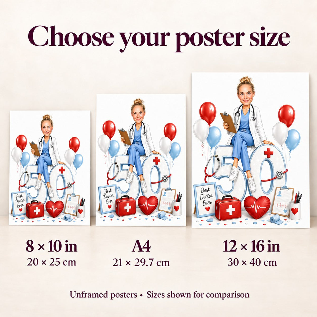 Poster sizes 8x10, A4 and 12x16 shown side by side for scale