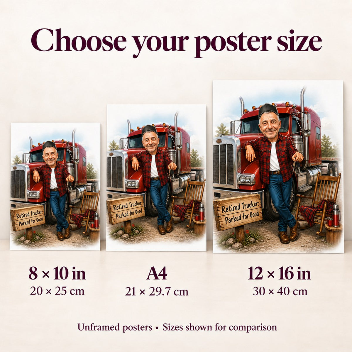 Poster sizes 8x10, A4, and 12x16 shown on wall beside chair for scale.