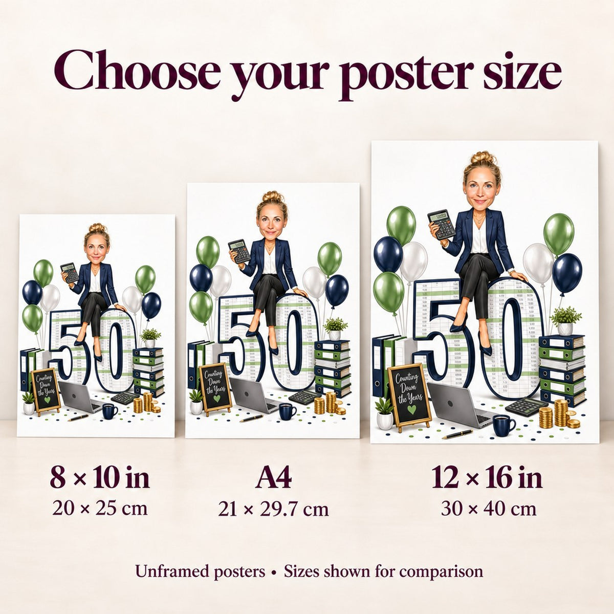 Poster sizes 8x10, A4, and 12x16 compared beside laptop and coffee mug.
