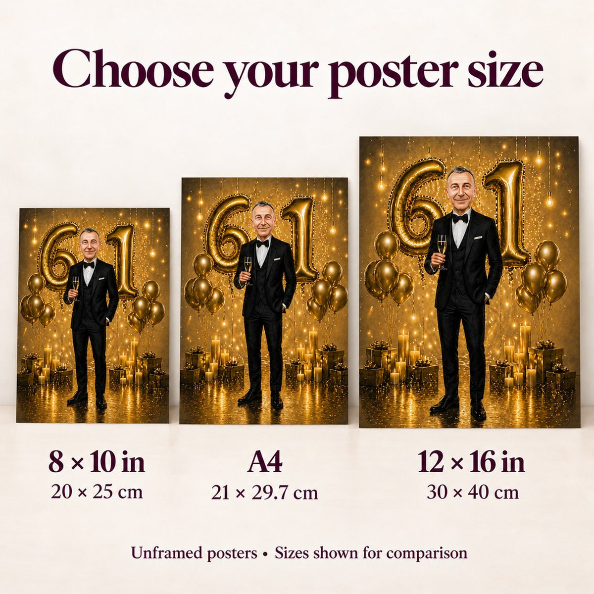 Poster sizes 8x10, A4, and 12x16 shown side by side for scale.