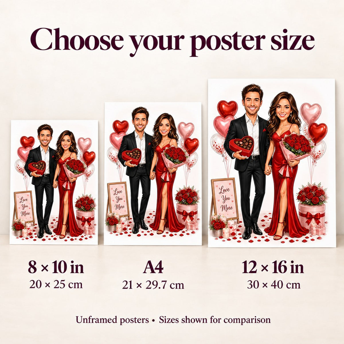 Poster size comparison showing 8x10, A4, and 12x16 prints on a wall.