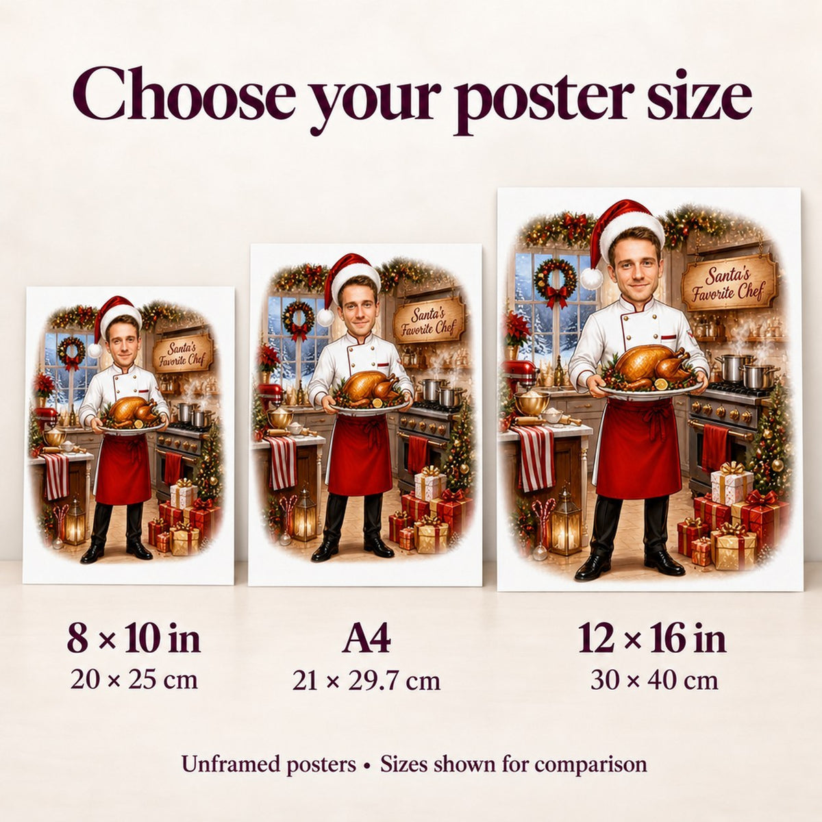 Poster sizes 8x10, A4, and 12x16 compared on wall for scale.
