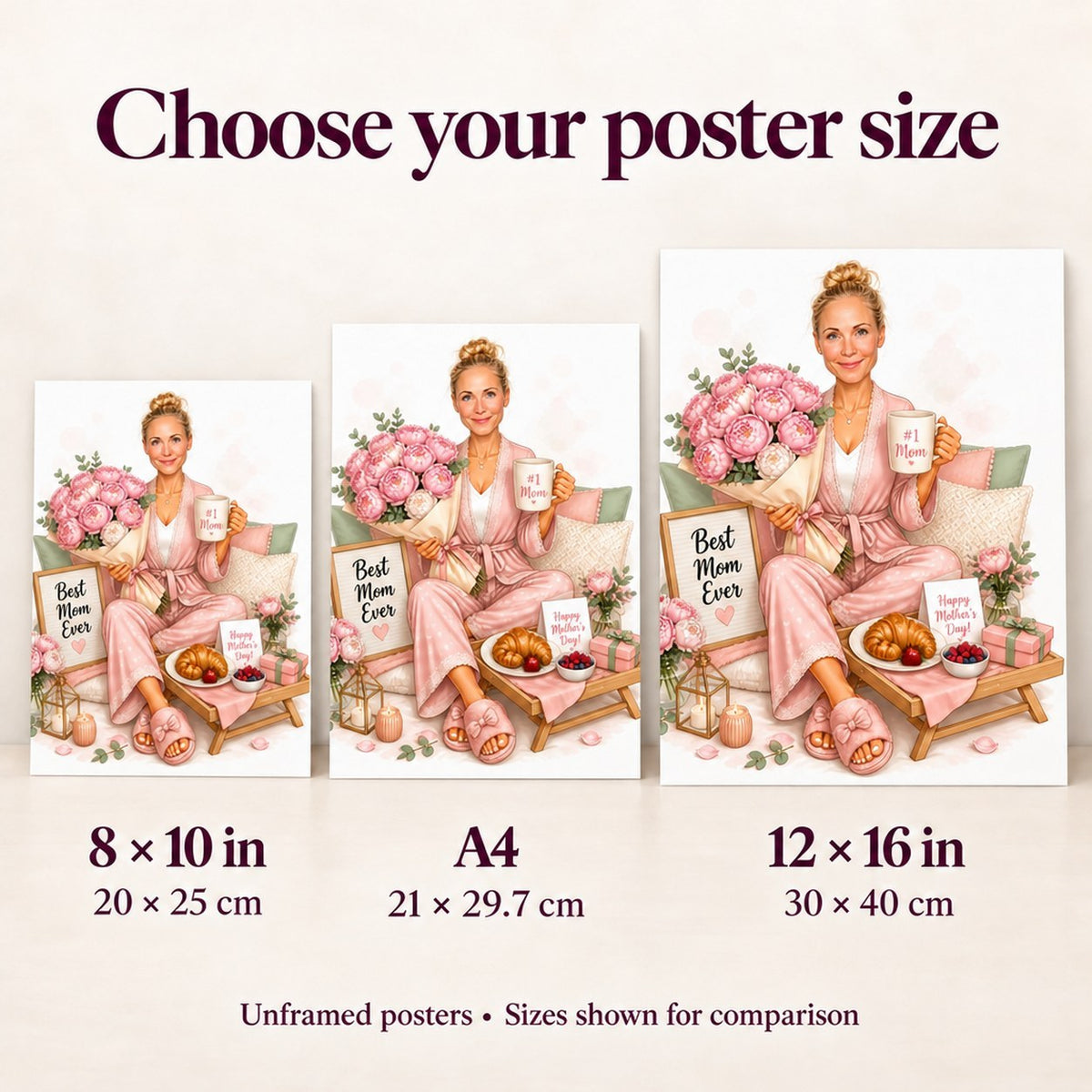 Poster size comparison showing 8x10, A4, and 12x16 formats on a wall.