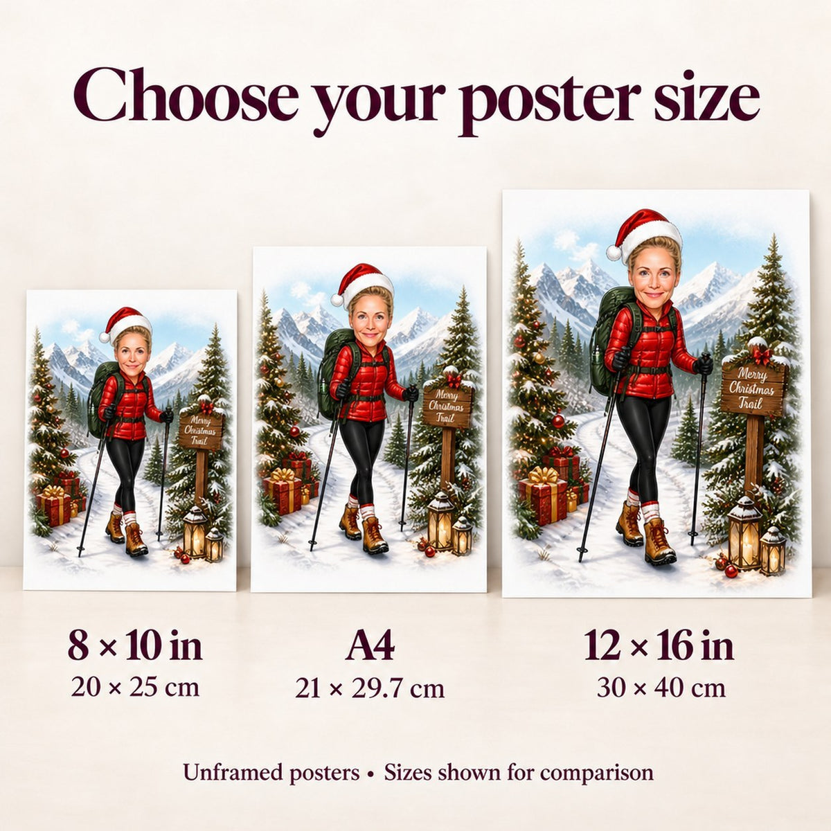 Poster sizes 8x10, A4, and 12x16 shown side by side for scale