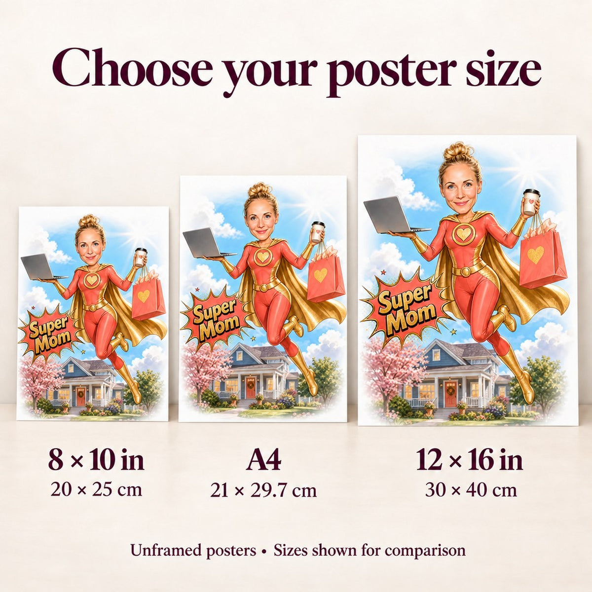 Poster size comparison showing 8x10, A4 and 12x16 Super Mom print options