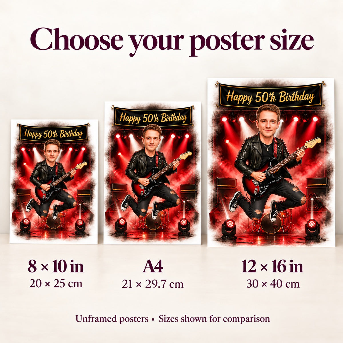 Poster sizes compared: 8x10, A4, and 12x16 rock guitarist birthday scene.