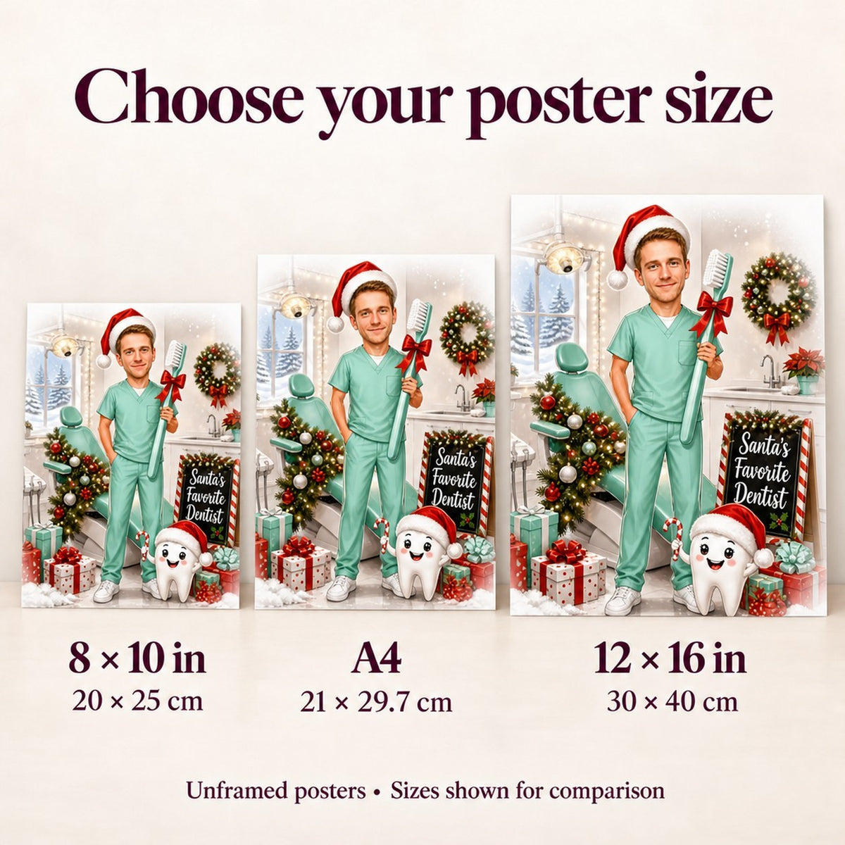 Matte posters 8x10, A4, and 12x16 inches shown side by side.