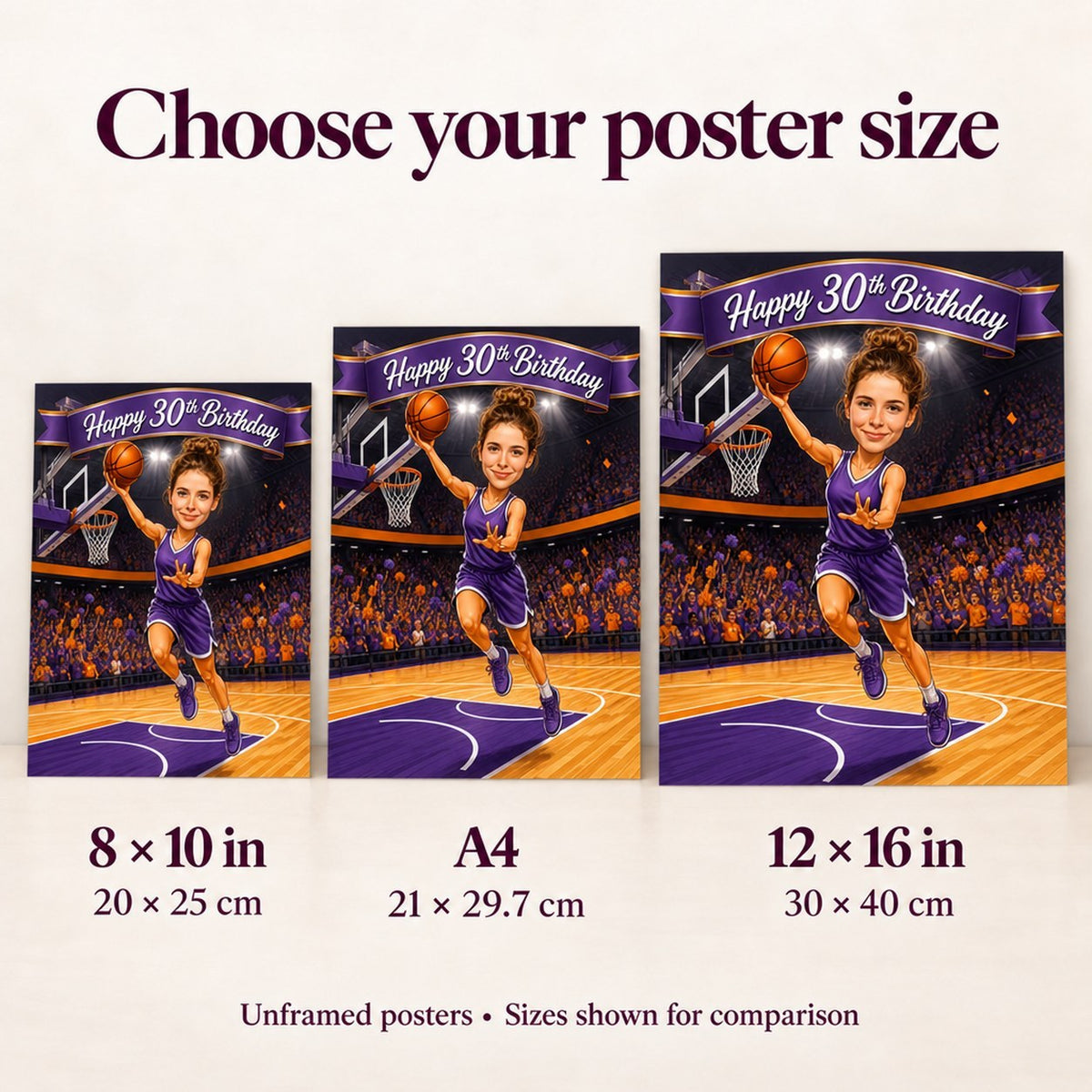 Size comparison of basketball birthday poster in 8x10, A4, and 12x16
